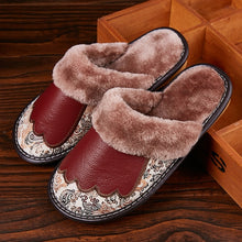 Load image into Gallery viewer, LCIZRONG New Luxury Genuine Leather Home Slippers for Men Winter Big Size Couple Unisex Plush Slipper Warm Men Women House Shoes