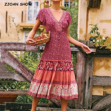 Load image into Gallery viewer, Bohemia Red Paisley Floral Print Women BOHO Dress Holiday Button V neck