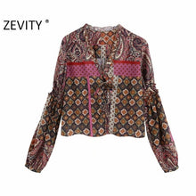 Load image into Gallery viewer, Zevity women vintage paisley flower print casual smock chic blouse ladies v neck agaric lace roupas femininas shirts tops LS6988