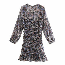 Load image into Gallery viewer, Vintage Paisley Print Draped Mini Dress Women Za 2020 V-neck Long Sleeve Chiffon Ruched Ruffle Dress Fashion Elegant Dresses
