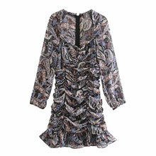 Load image into Gallery viewer, Vintage Paisley Print Draped Mini Dress Women Za 2020 V-neck Long Sleeve Chiffon Ruched Ruffle Dress Fashion Elegant Dresses