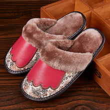 Load image into Gallery viewer, LCIZRONG New Luxury Genuine Leather Home Slippers for Men Winter Big Size Couple Unisex Plush Slipper Warm Men Women House Shoes
