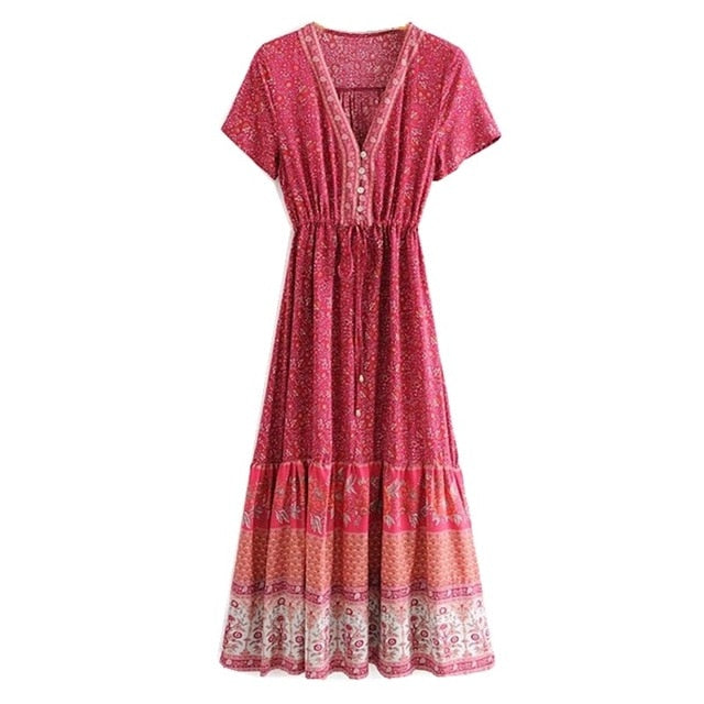 Bohemia Red Paisley Floral Print Women BOHO Dress Holiday Button V neck