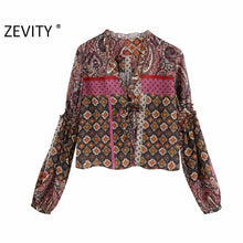 Load image into Gallery viewer, Zevity women vintage paisley flower print casual smock chic blouse ladies v neck agaric lace roupas femininas shirts tops LS6988
