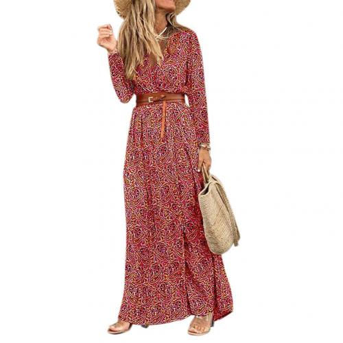 Women Autumn Winter Dress Boho V Neck Long Sleeve Paisley Print Belt High Split Party Maxi Dress Plus Size 3XL Fashion Vestidos