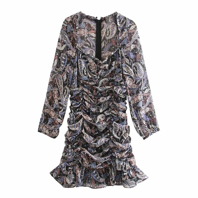 Vintage Paisley Print Draped Mini Dress Women Za 2020 V-neck Long Sleeve Chiffon Ruched Ruffle Dress Fashion Elegant Dresses